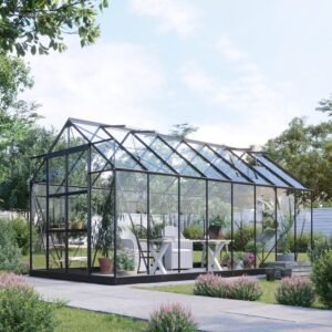 Gewächshaus Neptun 12,8 m² gehärtetes Glas schwarz Gardeney + Zubehör für Gewächshäuser