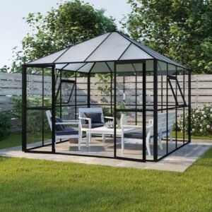 Freistehendes Gewächshaus Gardeney Jupiter 8,7 m² - Schwarzes Glas & Kanalkunststoff 295x295 + Gewächshaustisch